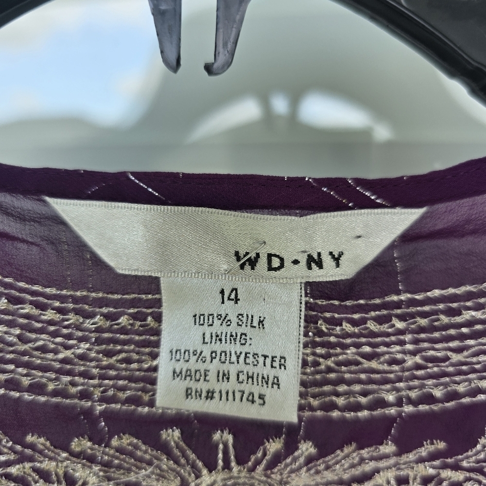 WD.NY 100% Silk Blouse Size 14 Purple Whilte Embroidered Flare Long Sleeves Y2k - Picture 5 of 14